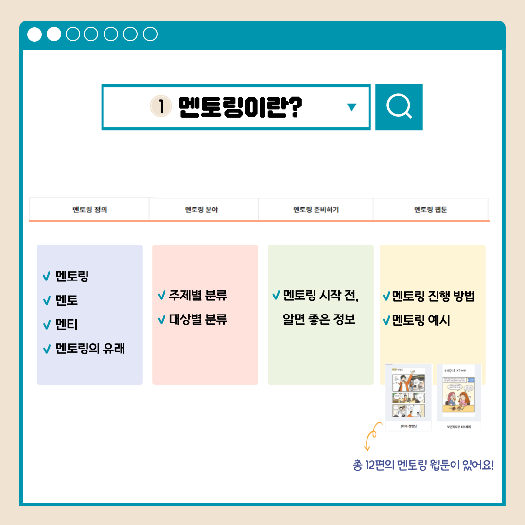 1.멘토링이란? 멘토링 정의 멘토링 멘토 멘티 멘토링의 유래 멘토링 분야 주제별 분류 대상별 분류 멘토링 준비하기 멘토링 시작 전, 알면 좋은 정보 멘토링 웹툰 멘토링 진행 방법 멘토링 예시 총 12편의 멘토링 웹툰이 있어요!