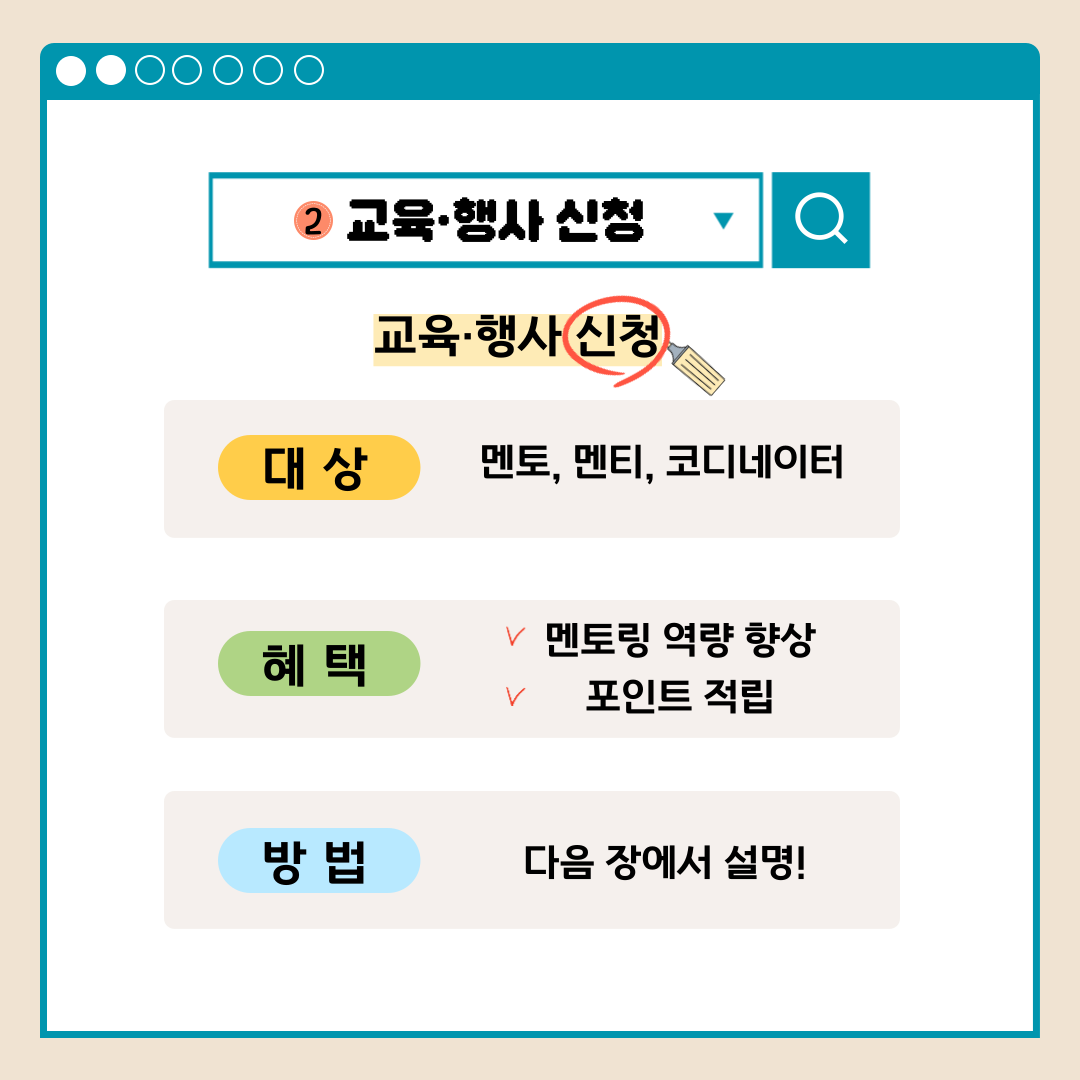 교육.행사 신청 교육.행사 신청 대상 멘토, 멘티, 코디네이터 혜택 멘토링 역량 향상 포이？ 적립 방법 다음 장에서 설명!