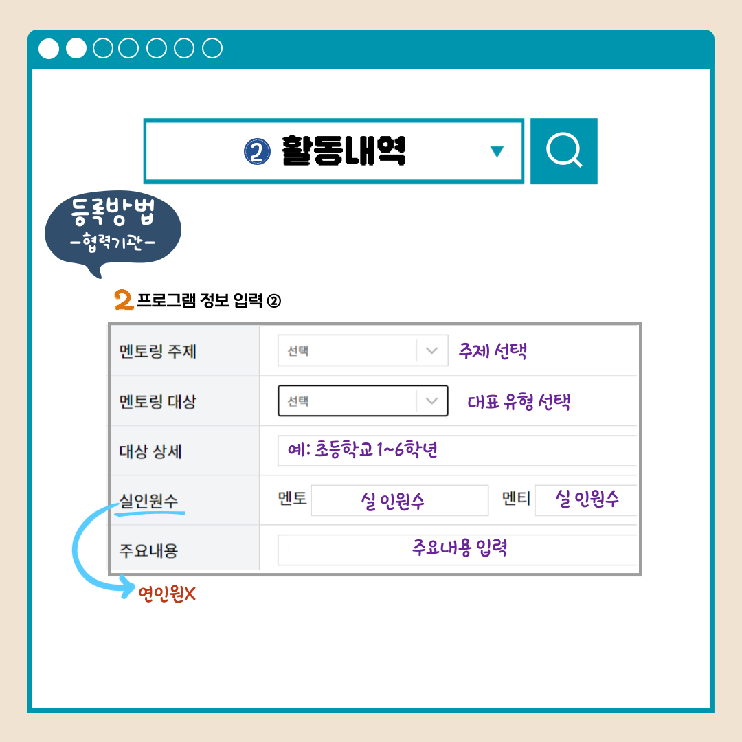 활동내역 등록방법-협력기관- 2프로그램 정보 입력(2) 멘토링 주제 주제 선택 멘토링 대상 대표 유형 선택 대상 상세 예:초등학교1-6학년 실인원수(연인원X) 멘토 실 인원수 멘티 실 인원수 주요내용 주요내용 이？