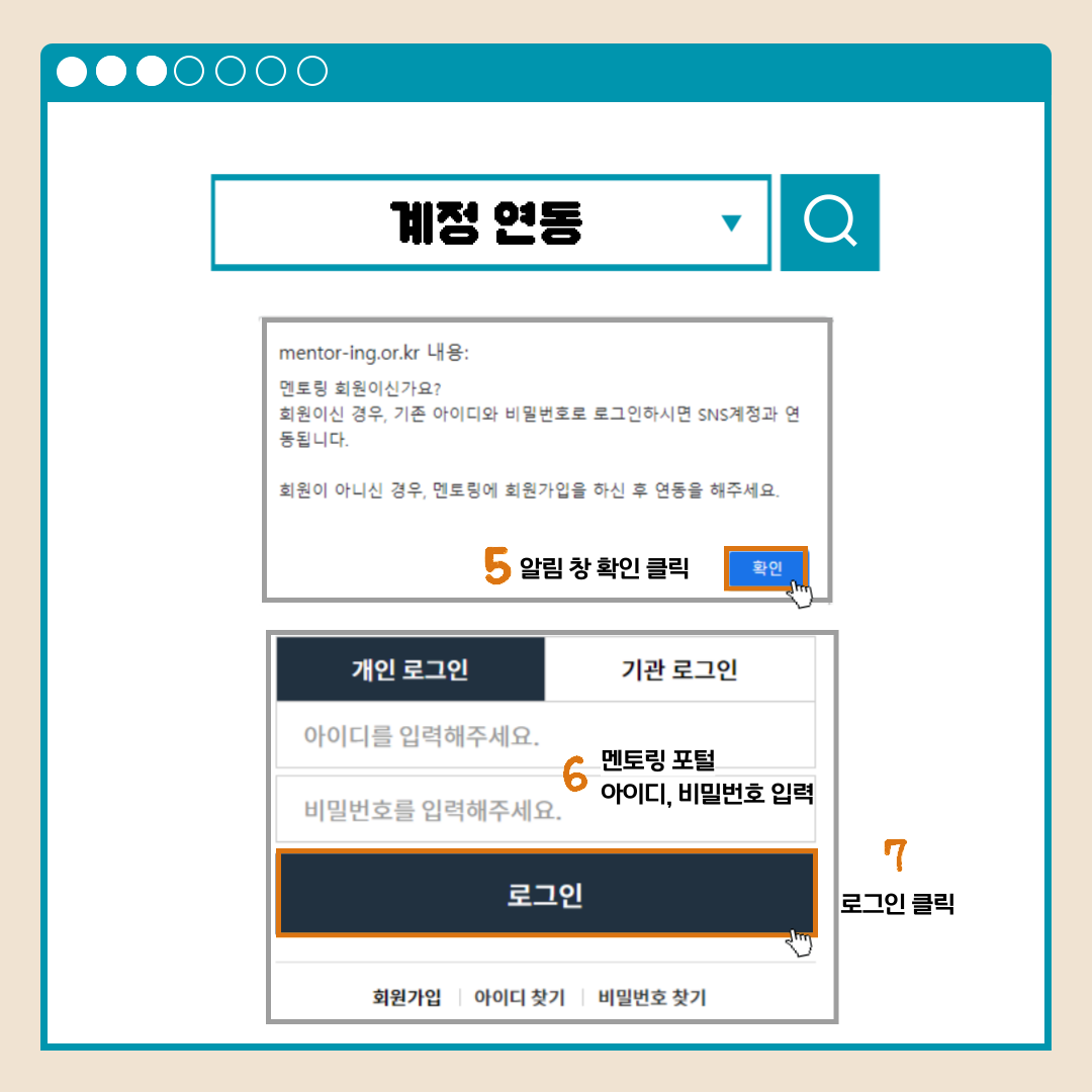 계정 연동 mentor-ing.or.kr 내용: 멘토링 회원이신가요? 회원이신 경우, 기존 아이디와 비밀번호로 로그인하시면 SNS계정과 연동됩니다. 회원이 아니신 경우, 멘토링에 회원가입을 하신 후 연동을 해주세요. 5알림 창 확인 클릭 확인 개인 로그인 기관 로그인 아이디를 입력해주세요. 비밀번호를 입력해주세요. 6멘토링 포털 아이디, 비밀번호 입력 로그인 7로그인 클릭