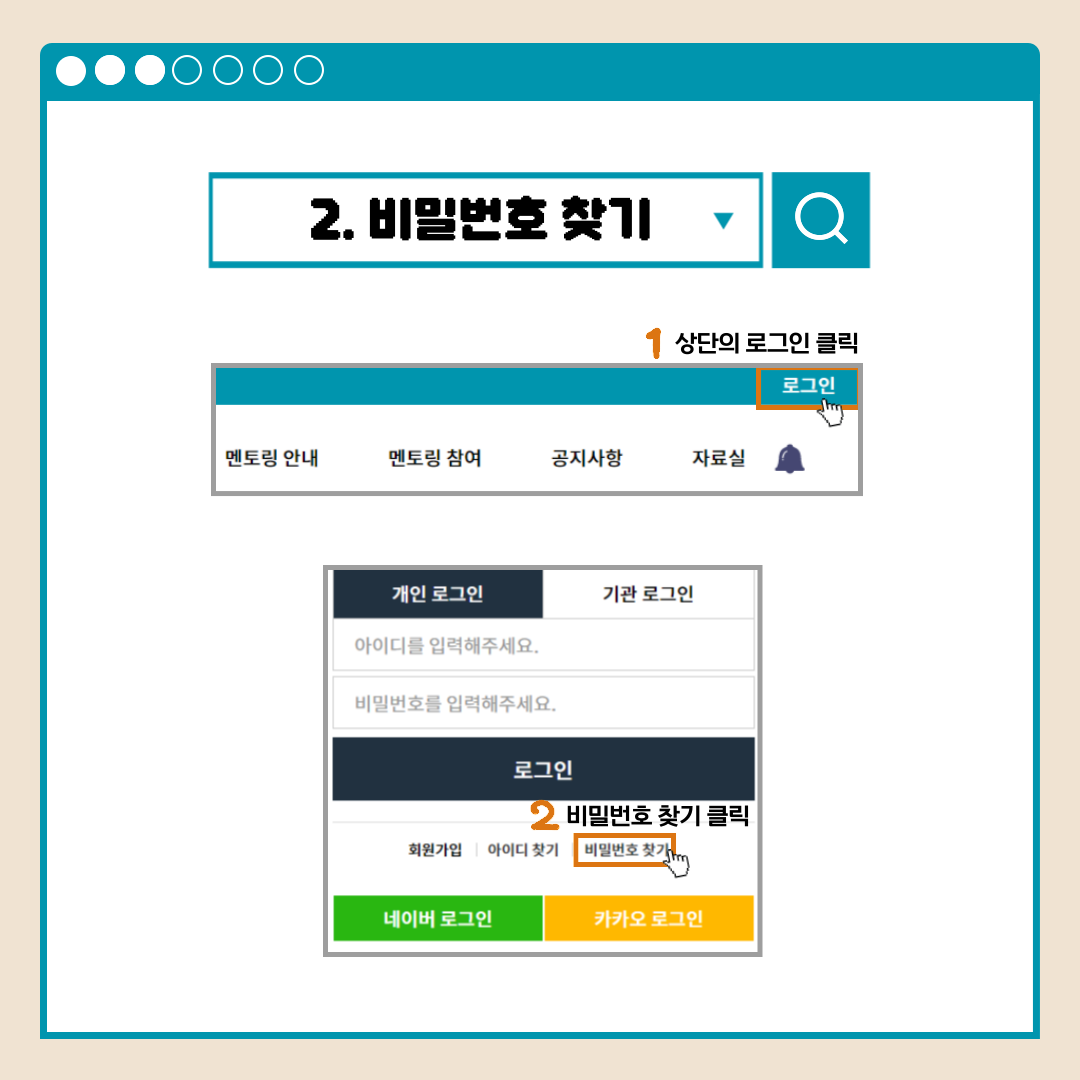 2.비밀번호 찾기 로그인 멘토링 안내 멘토링 참여 공지사항 자료실 종 1상단의 로그인 클릭 개인 로그인 기관 로그인 아이디를 입력해주세요. 비밀번호를 입력해주세요. 로그인 회원가입 아이디 찾기 비밀번호 찾기 2비밀번호 찾기 클릭
