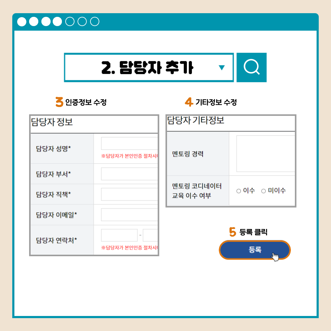 2.담당자 추가 3인증정보 수정 담당자 정보 담당자 성명* 담당자 부서* 담당자 직책* 담당자 이메일* 담당자 연락처* 4기타정보 수정 담당자 기타정보 멘토링 경럭 멘토링 코디네이터 교육 이수 여부 5등록 클릭