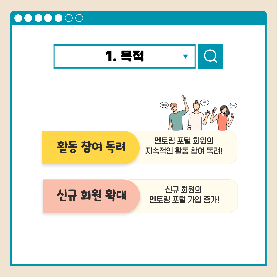 1.목적 활동 참여 독려 멘토링 포털 회원의 지속적인 활동 참여 독려! 신규 회원 확대 신규 회원의 멘토링 포털 가입 증가!