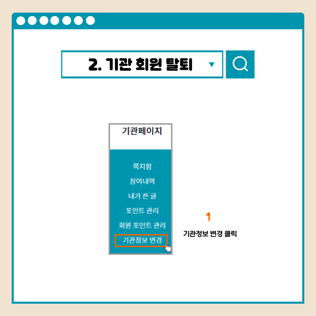 2.기관 회원 탈퇴 기관페이지 쪽지함 참여내역 내가 쓴 글 포인트 관리 회원 포인트 관리 기관정보 변경 1기관정보 변경 클릭
